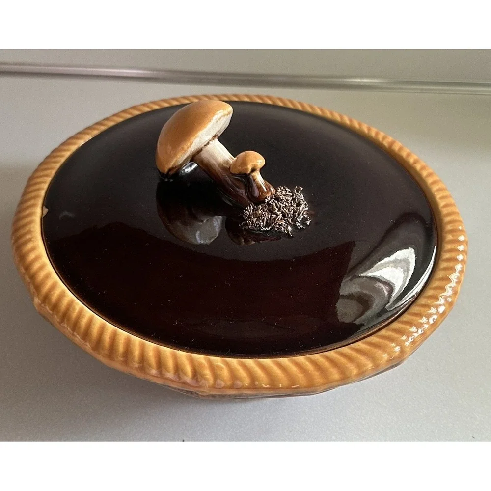 Tellurite Belgium Majolica Lidded Casserole Dish Mushrooms 1930's Vintage Brown